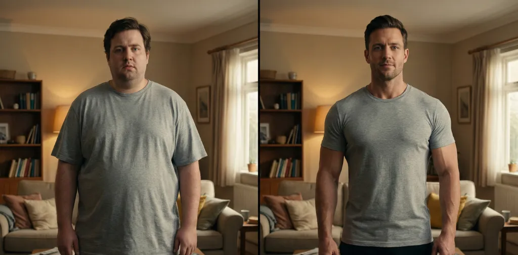 Before and After Transformation Demo showcasing AI clothing consistency, skin tone preservation, healthy face mode, and muscle preservation